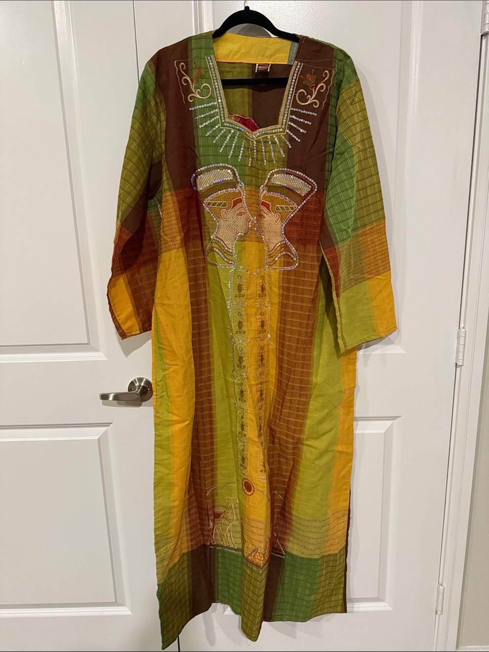 Embroidered Green and Yellow Long Sleeve Maxi Dress